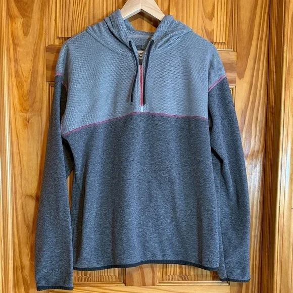 Prana Smith Hoodie Gray Fleece Quarter-Zip Pullover with Pink Trim - Picture 1 of 6